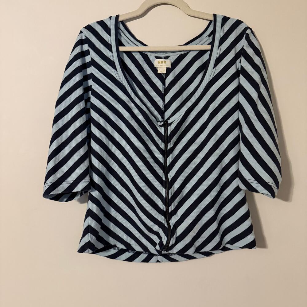 Maeve by Anthropologie Zip‎ Front Horizontal Stripe 3/4 Sleeve Cotton Top Sz XL